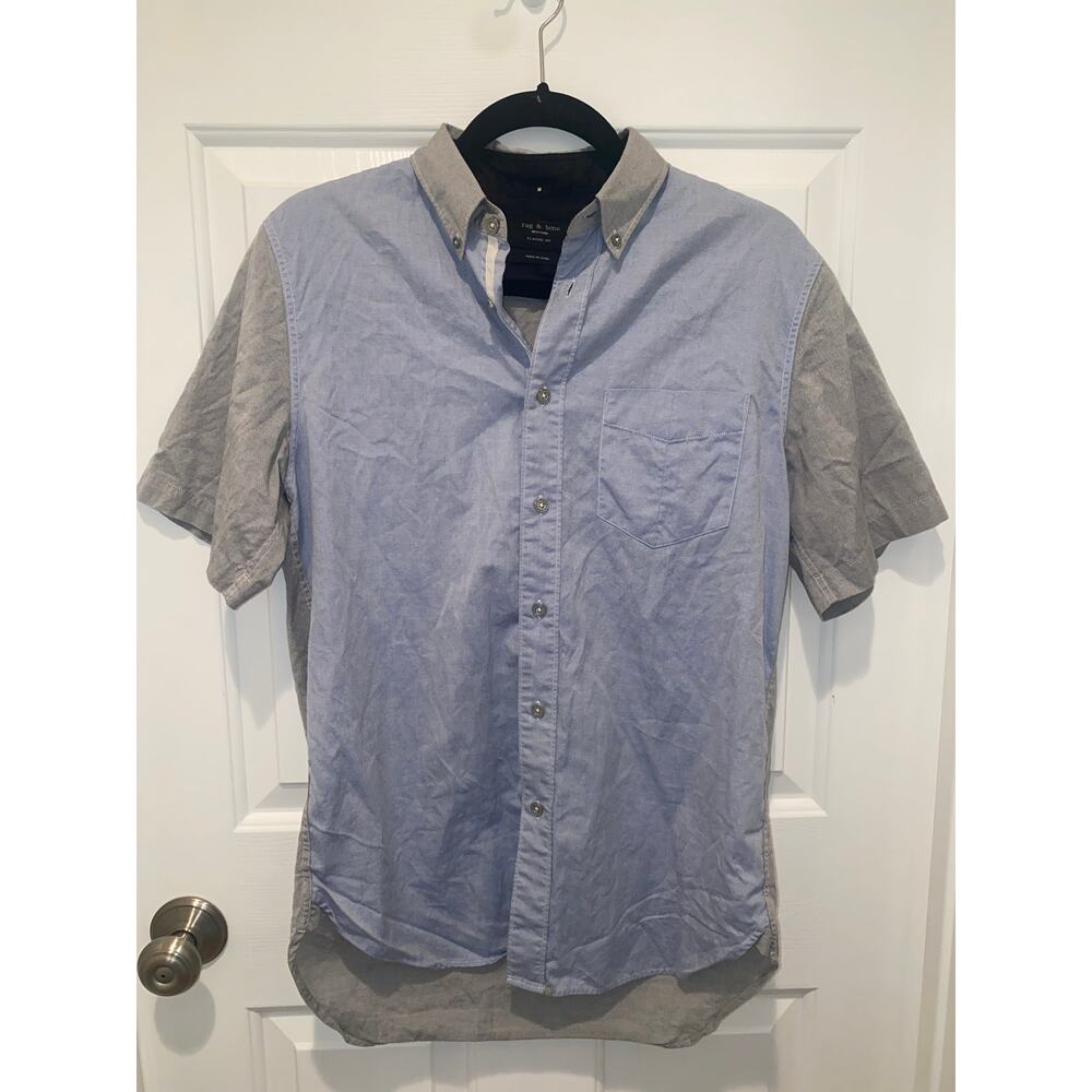 Rag & Bone Classic S/S Men Cotton Button Front Shirt Two Tone Blue Gray Small